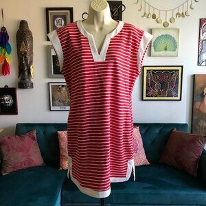 SHE + SKY size M Red & White Striped Pique Knit Cap Sleeve Dress Pockets NWT